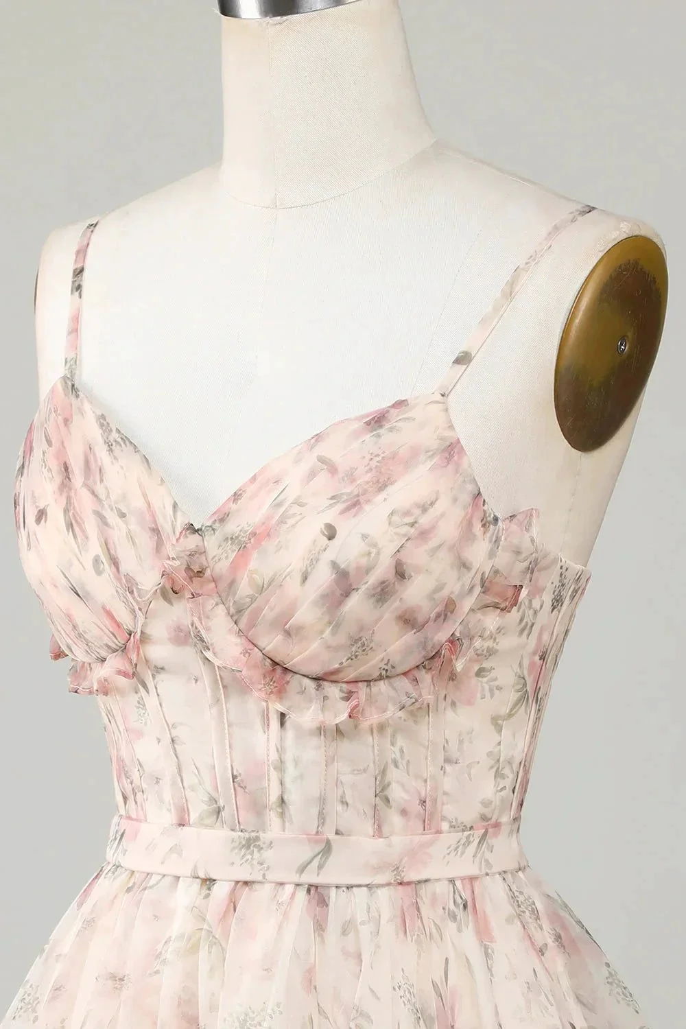 Champagne A-Line Corset Floral Short Homecoming Dress with Lace Up Back - Image 6