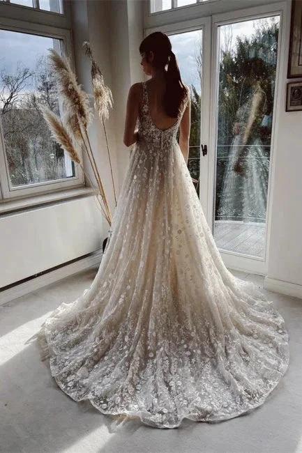 Champagne A-line Floor Length Straps V-neck Wedding Dress - Image 2