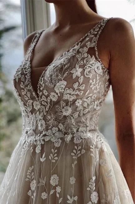 Champagne A-line Floor Length Straps V-neck Wedding Dress - Image 3