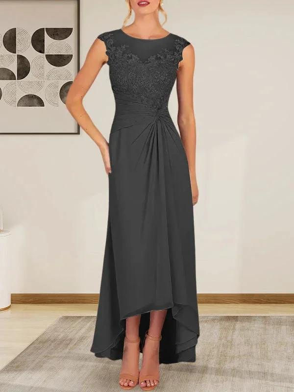 Champagne A-Line Scoop Lace Chiffon Dress - Image 10