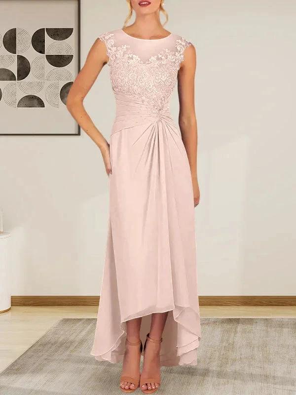 Champagne A-Line Scoop Lace Chiffon Dress - Image 12