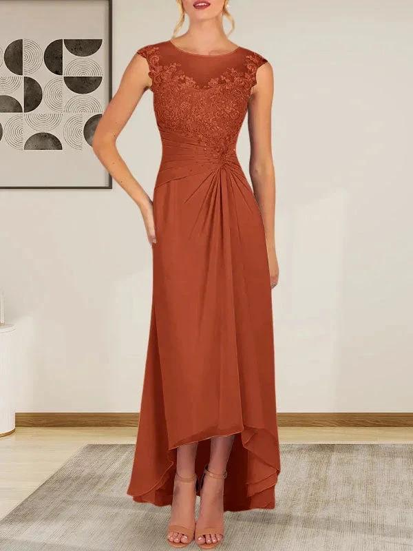 Champagne A-Line Scoop Lace Chiffon Dress - Image 13