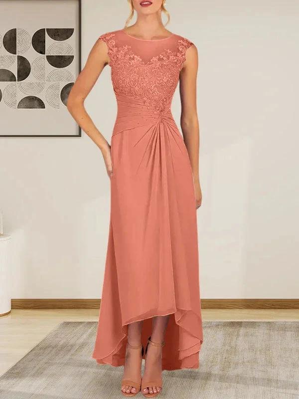 Champagne A-Line Scoop Lace Chiffon Dress - Image 15