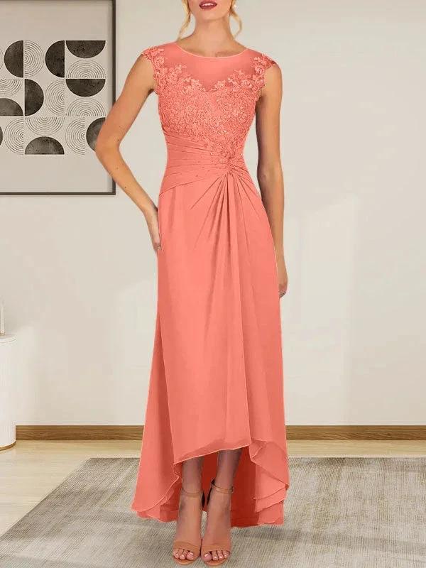 Champagne A-Line Scoop Lace Chiffon Dress - Image 16