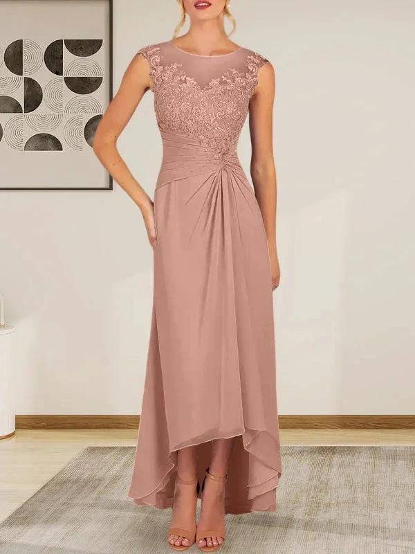 Champagne A-Line Scoop Lace Chiffon Dress - Image 17