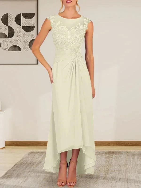 Champagne A-Line Scoop Lace Chiffon Dress - Image 18