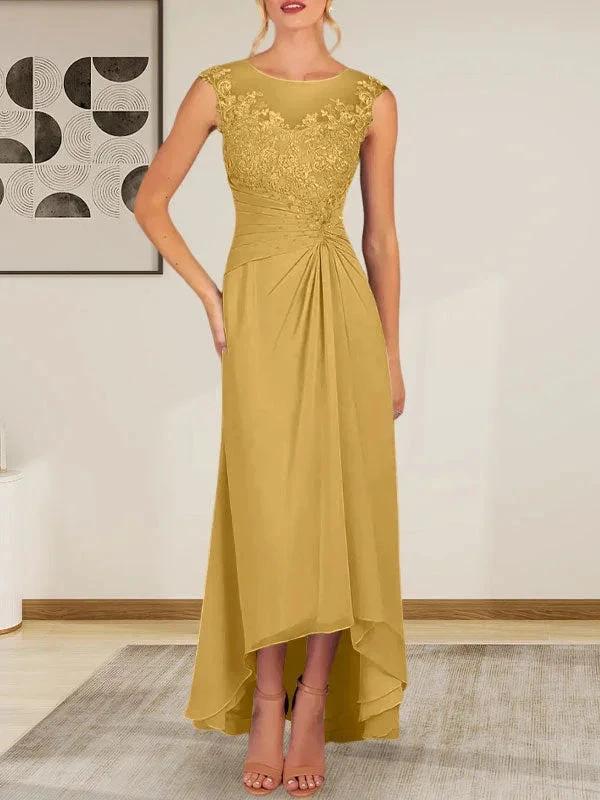 Champagne A-Line Scoop Lace Chiffon Dress - Image 20