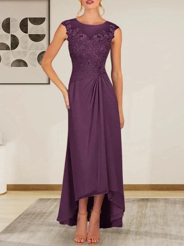 Champagne A-Line Scoop Lace Chiffon Dress - Image 21