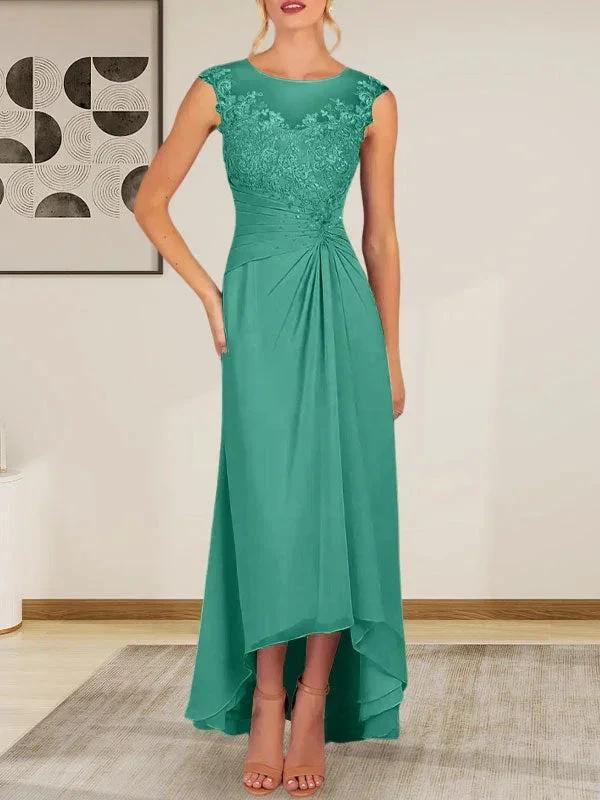 Champagne A-Line Scoop Lace Chiffon Dress - Image 23