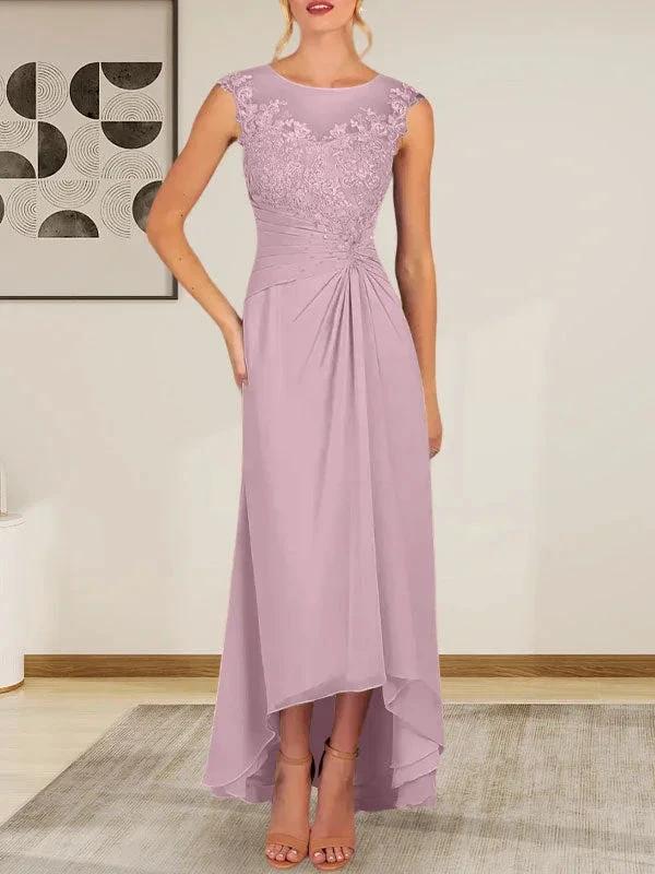 Champagne A-Line Scoop Lace Chiffon Dress - Image 24