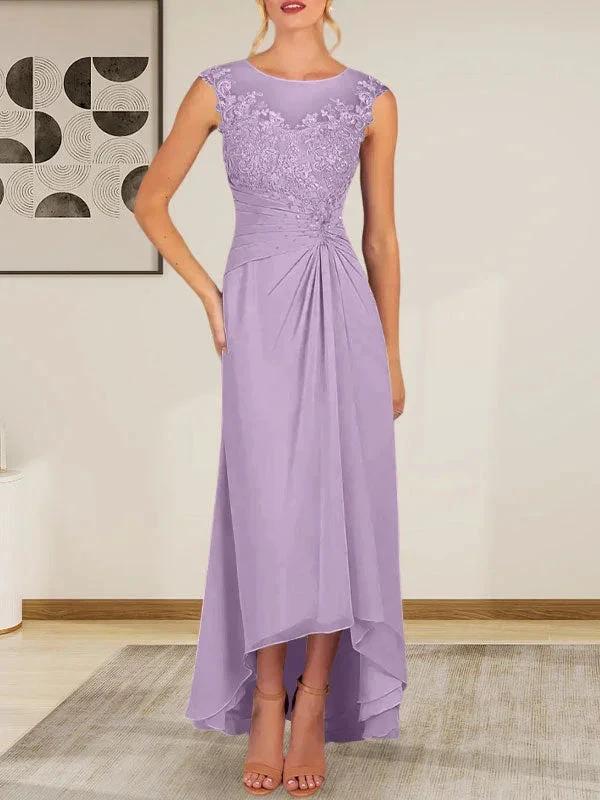 Champagne A-Line Scoop Lace Chiffon Dress - Image 25