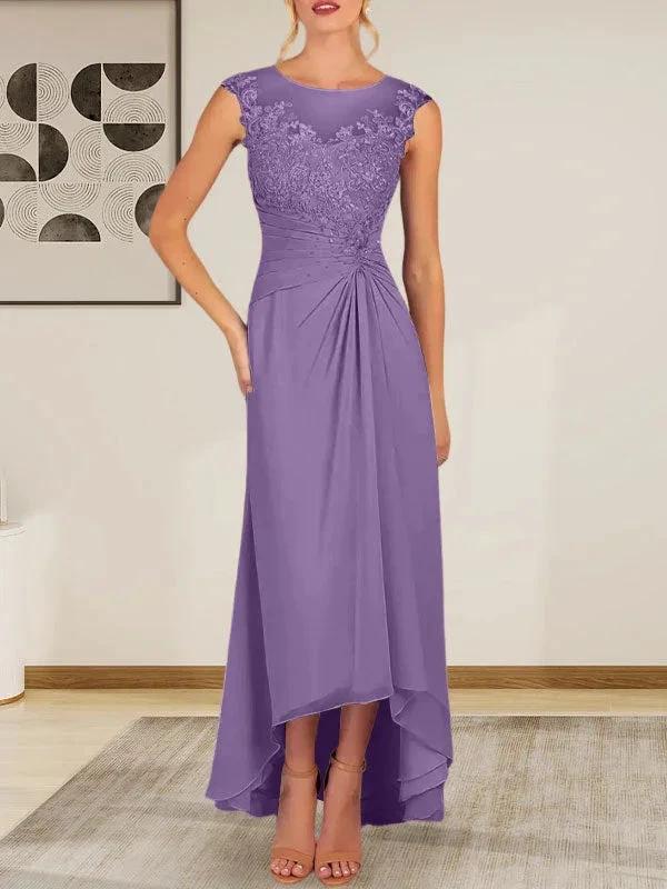 Champagne A-Line Scoop Lace Chiffon Dress - Image 26
