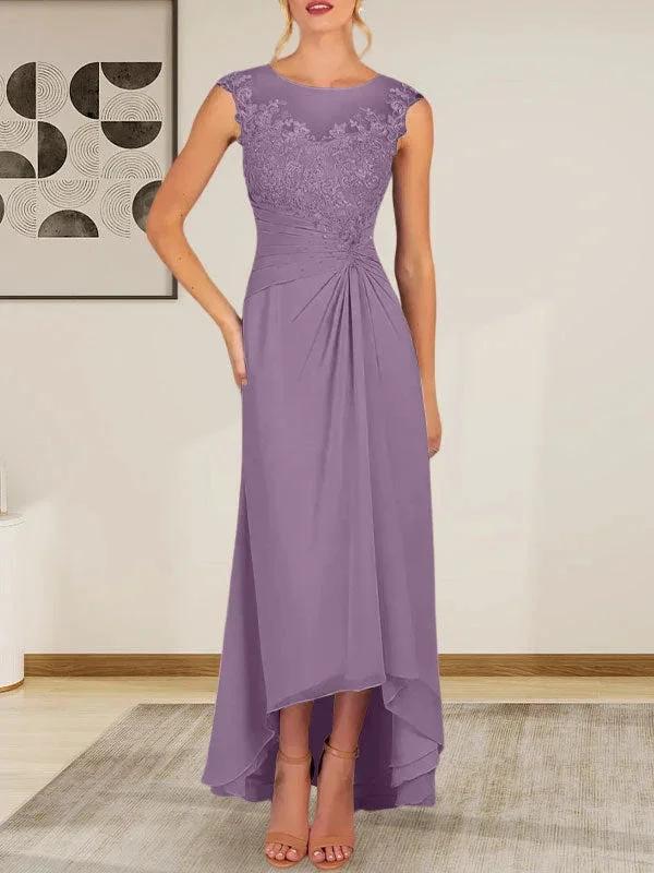Champagne A-Line Scoop Lace Chiffon Dress - Image 27