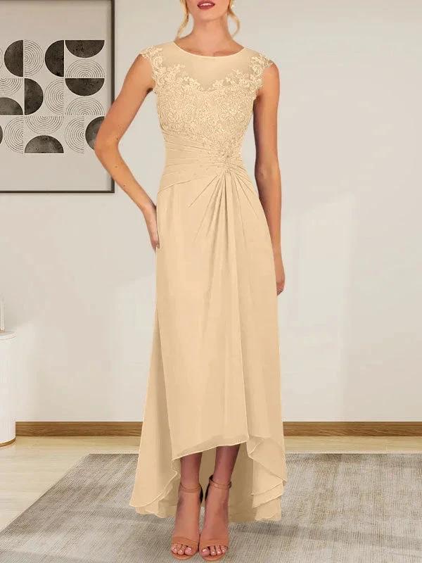 Champagne A-Line Scoop Lace Chiffon Dress - Image 29