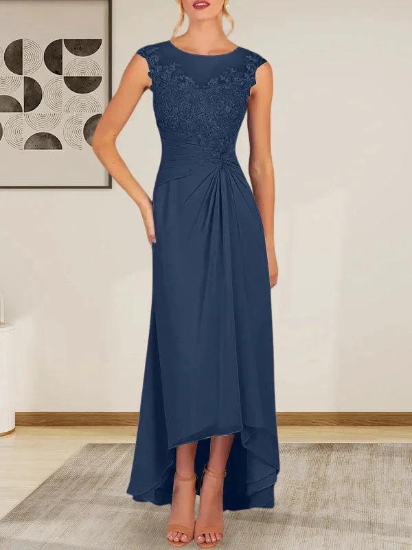Champagne A-Line Scoop Lace Chiffon Dress - Image 30