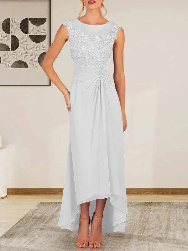 Champagne A-Line Scoop Lace Chiffon Dress - Image 32