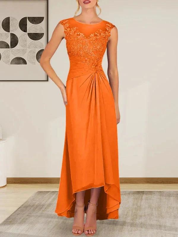 Champagne A-Line Scoop Lace Chiffon Dress - Image 33