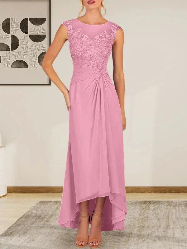 Champagne A-Line Scoop Lace Chiffon Dress - Image 34