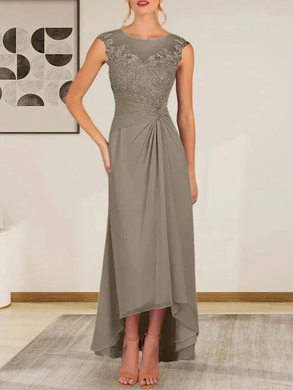 Champagne A-Line Scoop Lace Chiffon Dress - Image 40