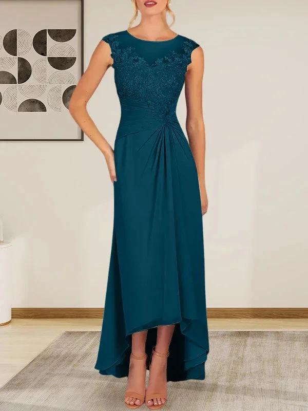 Champagne A-Line Scoop Lace Chiffon Dress - Image 41