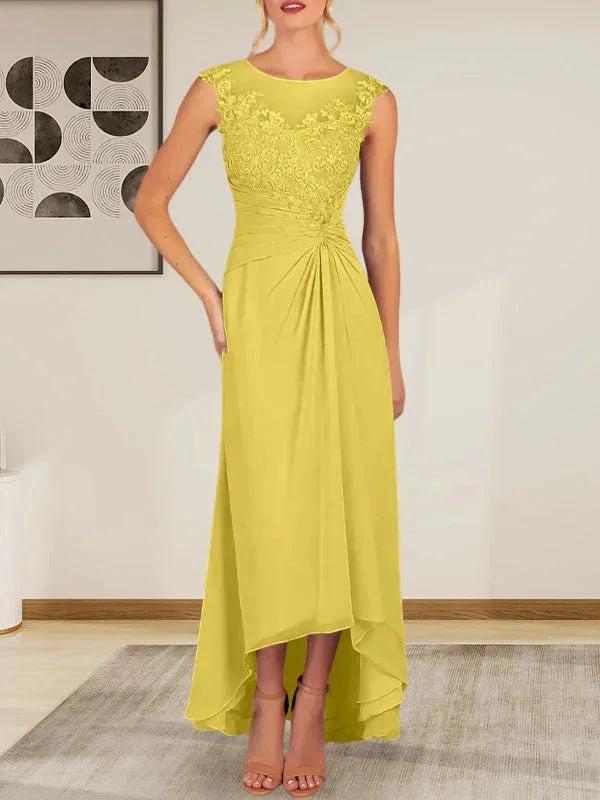 Champagne A-Line Scoop Lace Chiffon Dress - Image 45