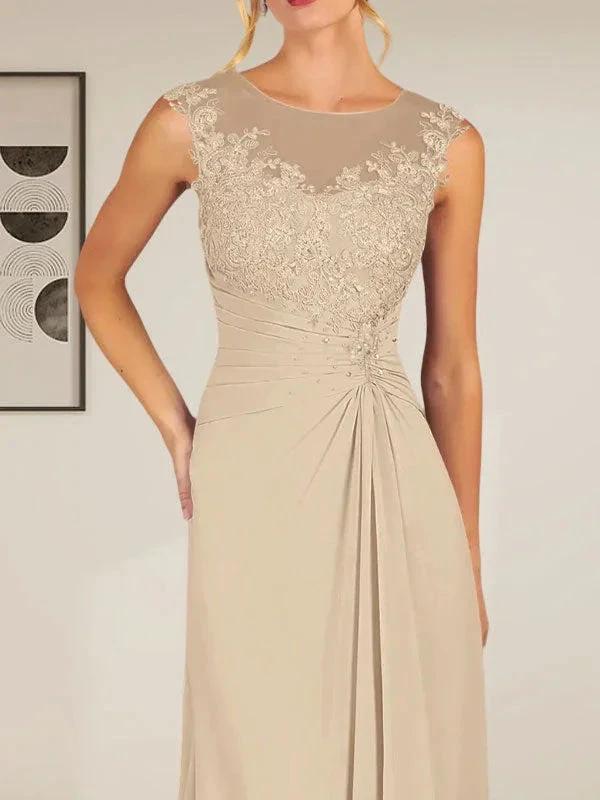 Champagne A-Line Scoop Lace Chiffon Dress - Image 5