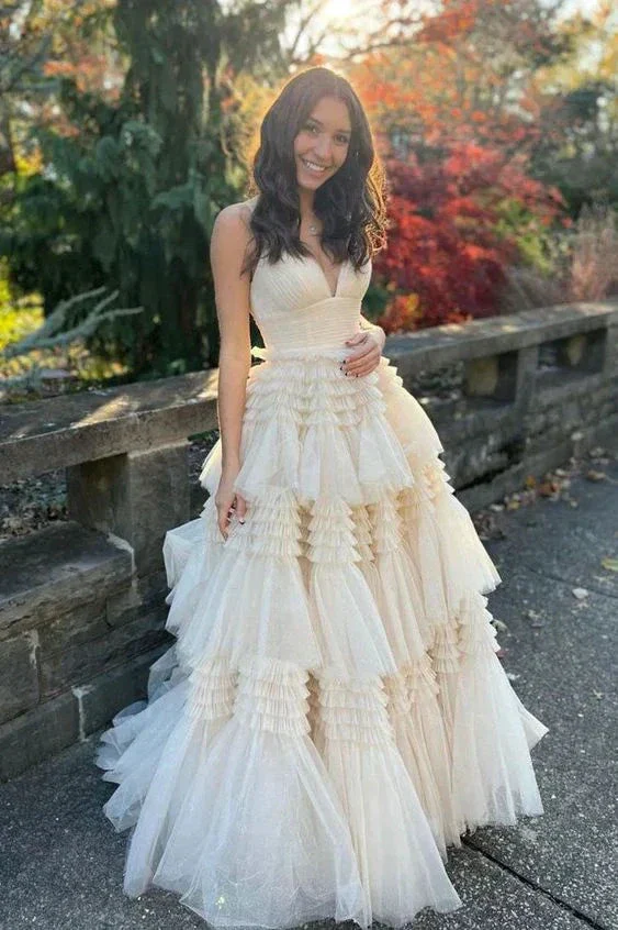 Champagne A-Line Spaghetti Straps Ruffles Formal Evening Dresses Long Prom Dress Y6801 - Image 2