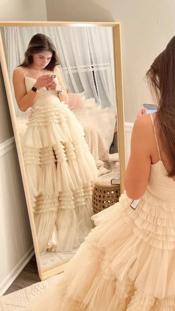Champagne A-Line Spaghetti Straps Ruffles Formal Evening Dresses Long Prom Dress Y6801 - Image 3