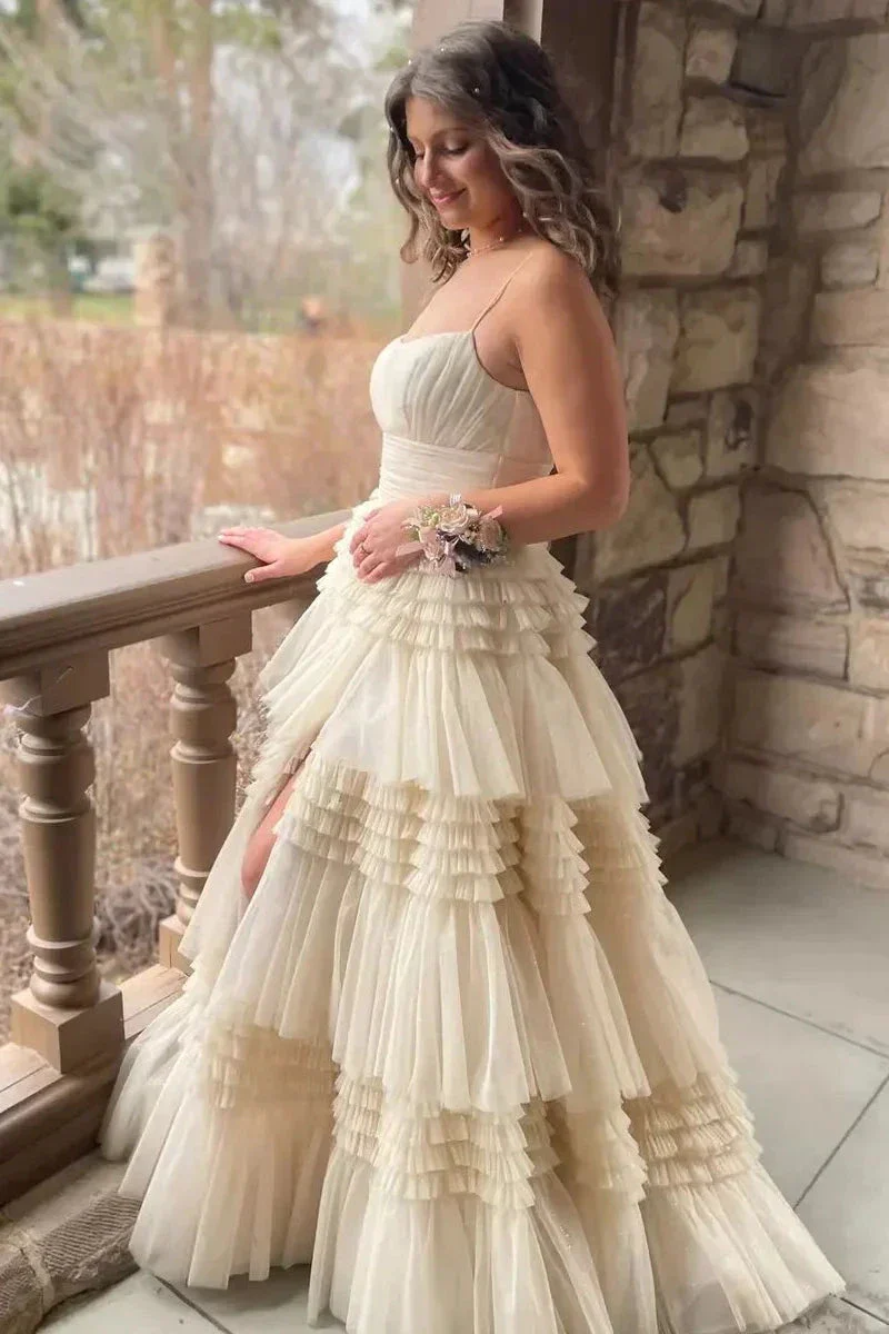 Champagne A-Line Spaghetti Straps Ruffles Formal Evening Dresses Long Prom Dress Y6801 - Image 4