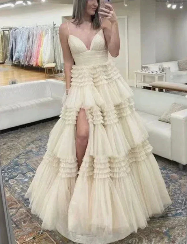Champagne A-Line Spaghetti Straps Ruffles Formal Evening Dresses Long Prom Dress Y6801 - Image 5
