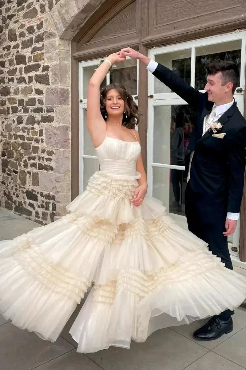Champagne A-Line Spaghetti Straps Ruffles Formal Evening Dresses Long Prom Dress Y6801 - Image 6