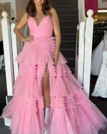 Champagne A-Line Spaghetti Straps Ruffles Formal Evening Dresses Long Prom Dress Y6801 - Image 9