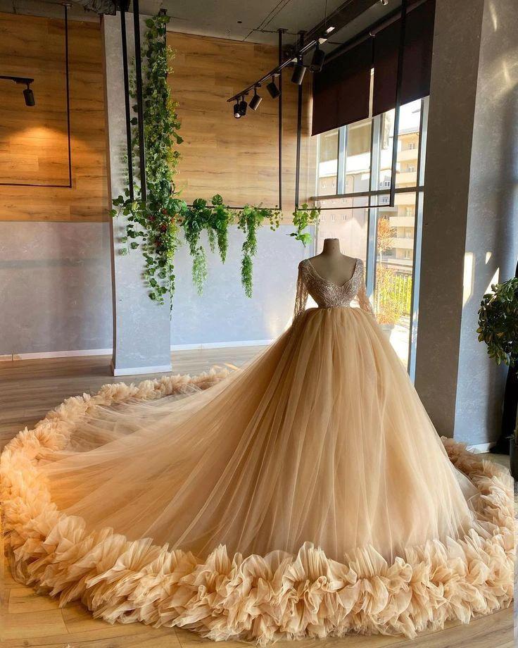Long Wedding Dresses, Champagne Prom Formal Evening Dresses Y850 - Image 2