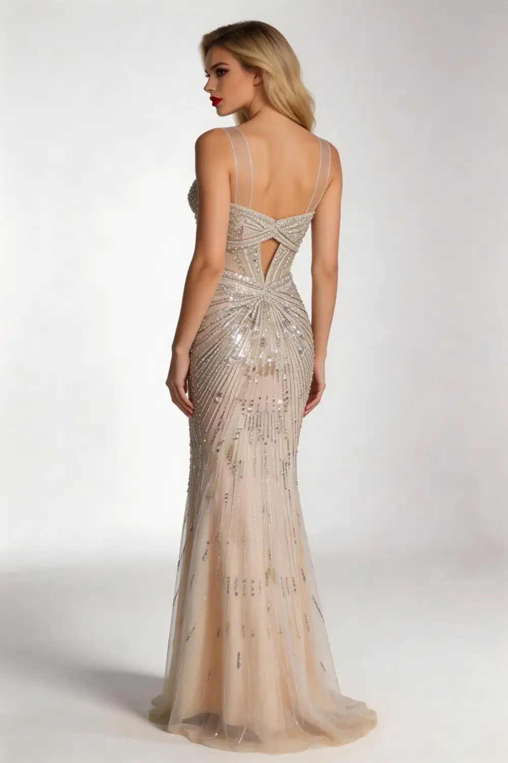 Champagne Beaded Mermaid Evening Gown Strapless Sequin Formal Dress - Image 2