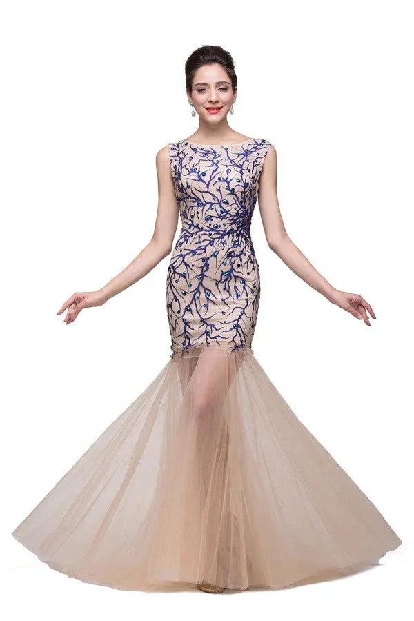 Champagne Crew Sweep-length Mermaid Tulle Prom Dresses - Image 2