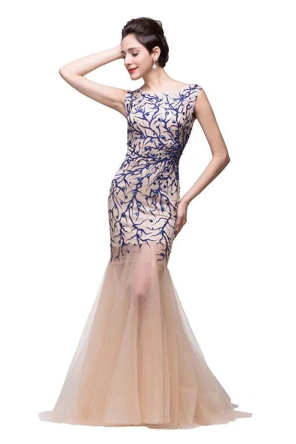 Champagne Crew Sweep-length Mermaid Tulle Prom Dresses - Image 3