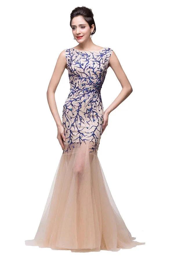 Champagne Crew Sweep-length Mermaid Tulle Prom Dresses - Image 4