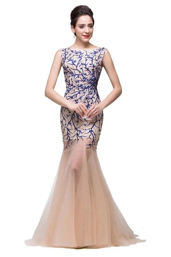 Champagne Crew Sweep-length Mermaid Tulle Prom Dresses - Image 5