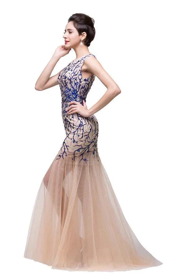 Champagne Crew Sweep-length Mermaid Tulle Prom Dresses - Image 6