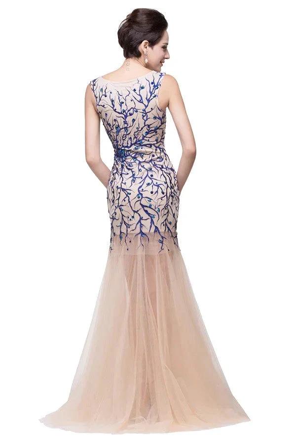 Champagne Crew Sweep-length Mermaid Tulle Prom Dresses - Image 7