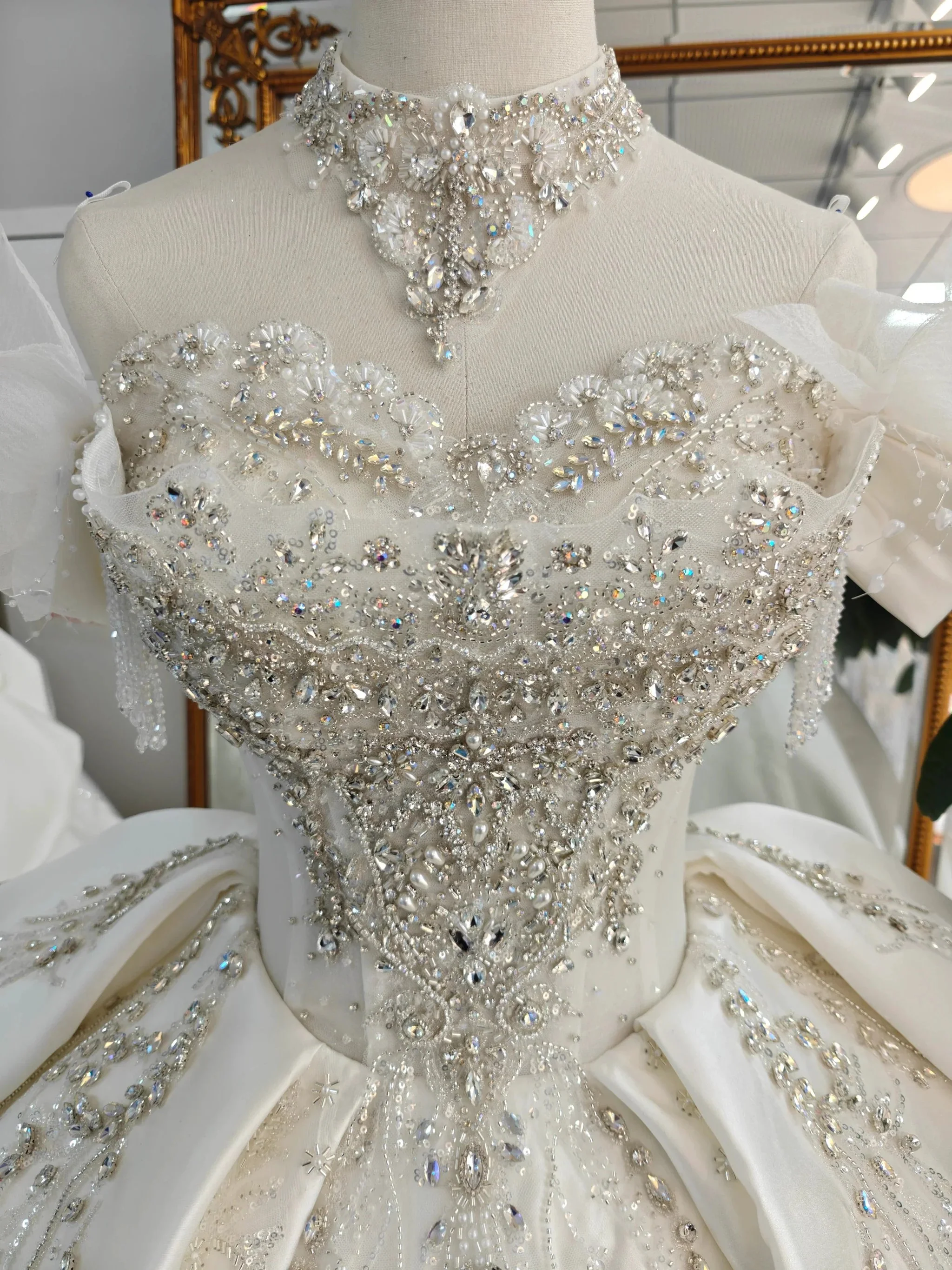 Champagne Glimmer Off-Shoulder Ballgown Crystal-Embroidered Skirt & Fringed Collar - Image 2
