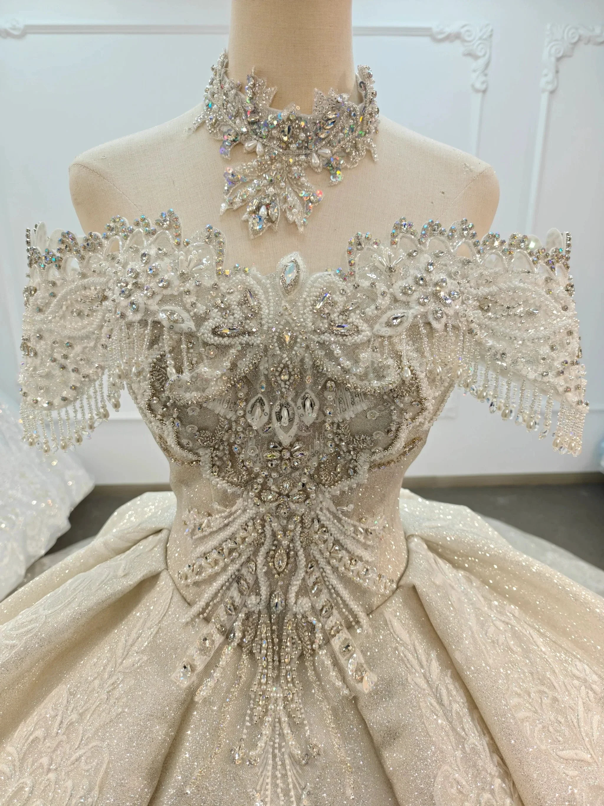 Champagne Glimmer Off-Shoulder Ballgown Crystal Fringe Bust & Embroidered Train - Image 2
