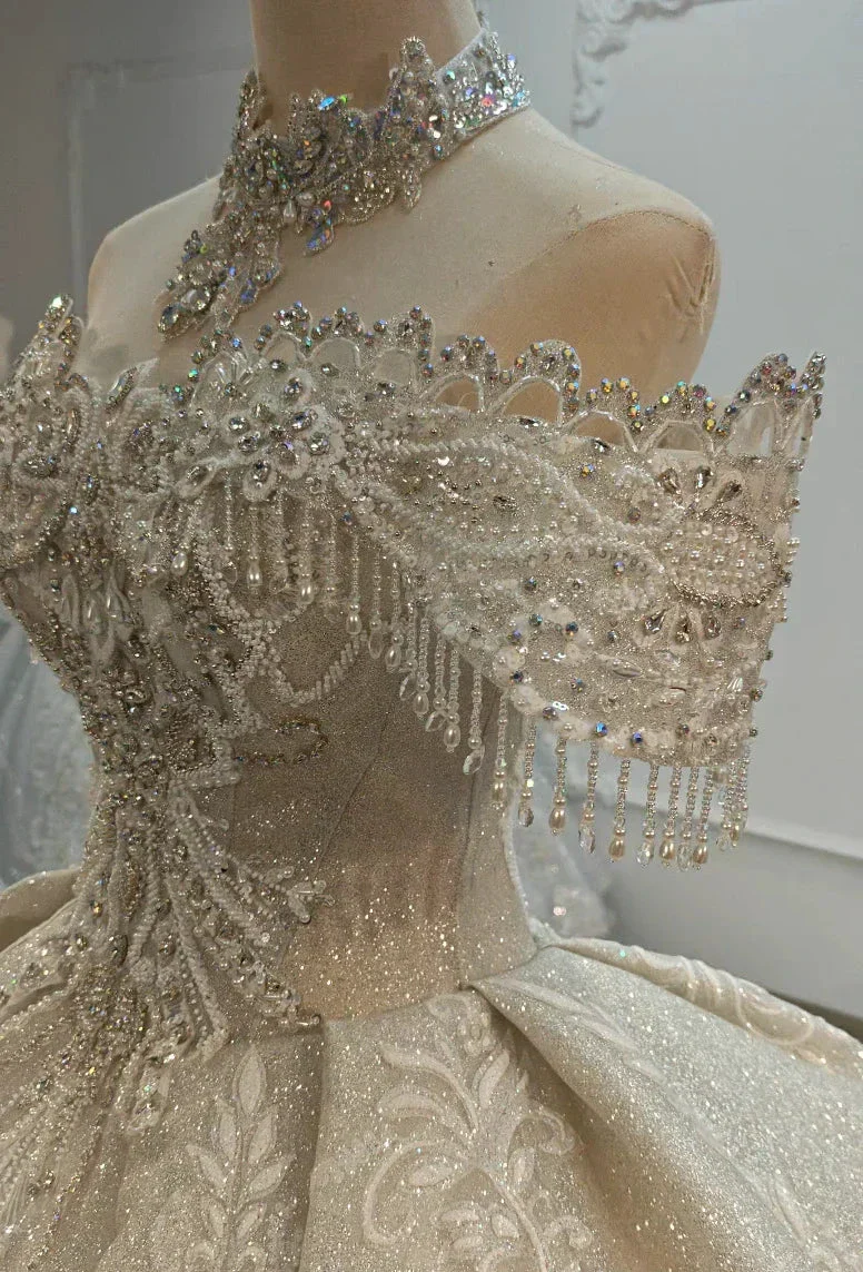 Champagne Glimmer Off-Shoulder Ballgown Crystal Fringe Bust & Embroidered Train - Image 3