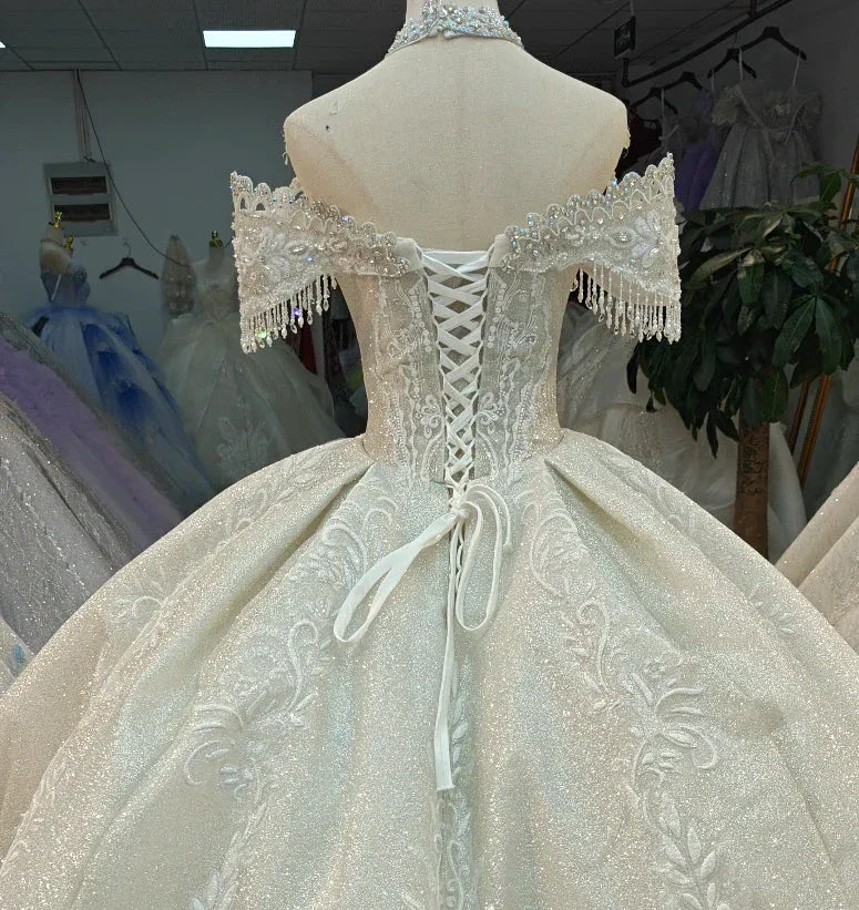 Champagne Glimmer Off-Shoulder Ballgown Crystal Fringe Bust & Embroidered Train - Image 4