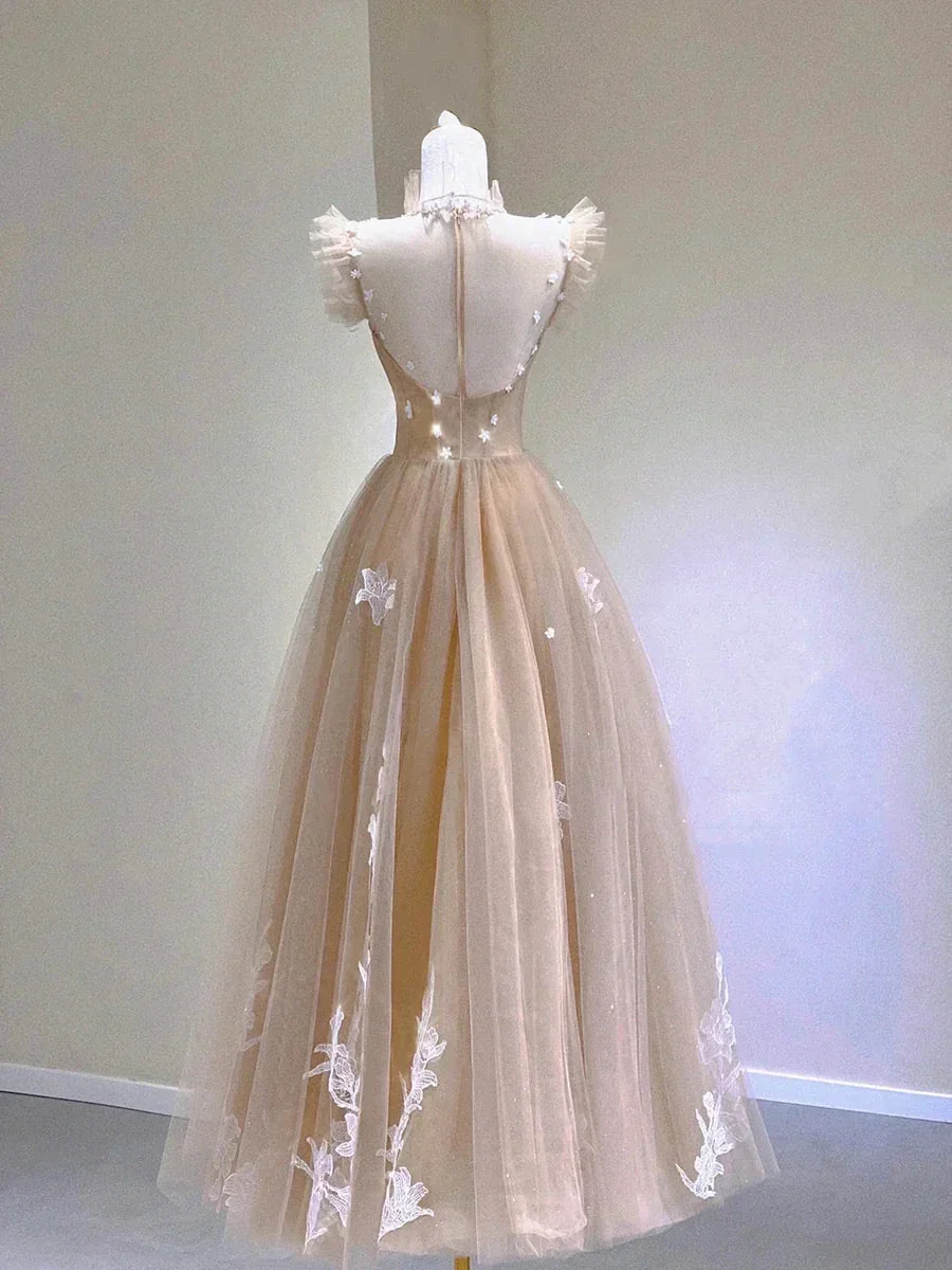 Champagne Lace Tea Length Prom Dresses A-Line Evening Dresses Y6471 - Image 2