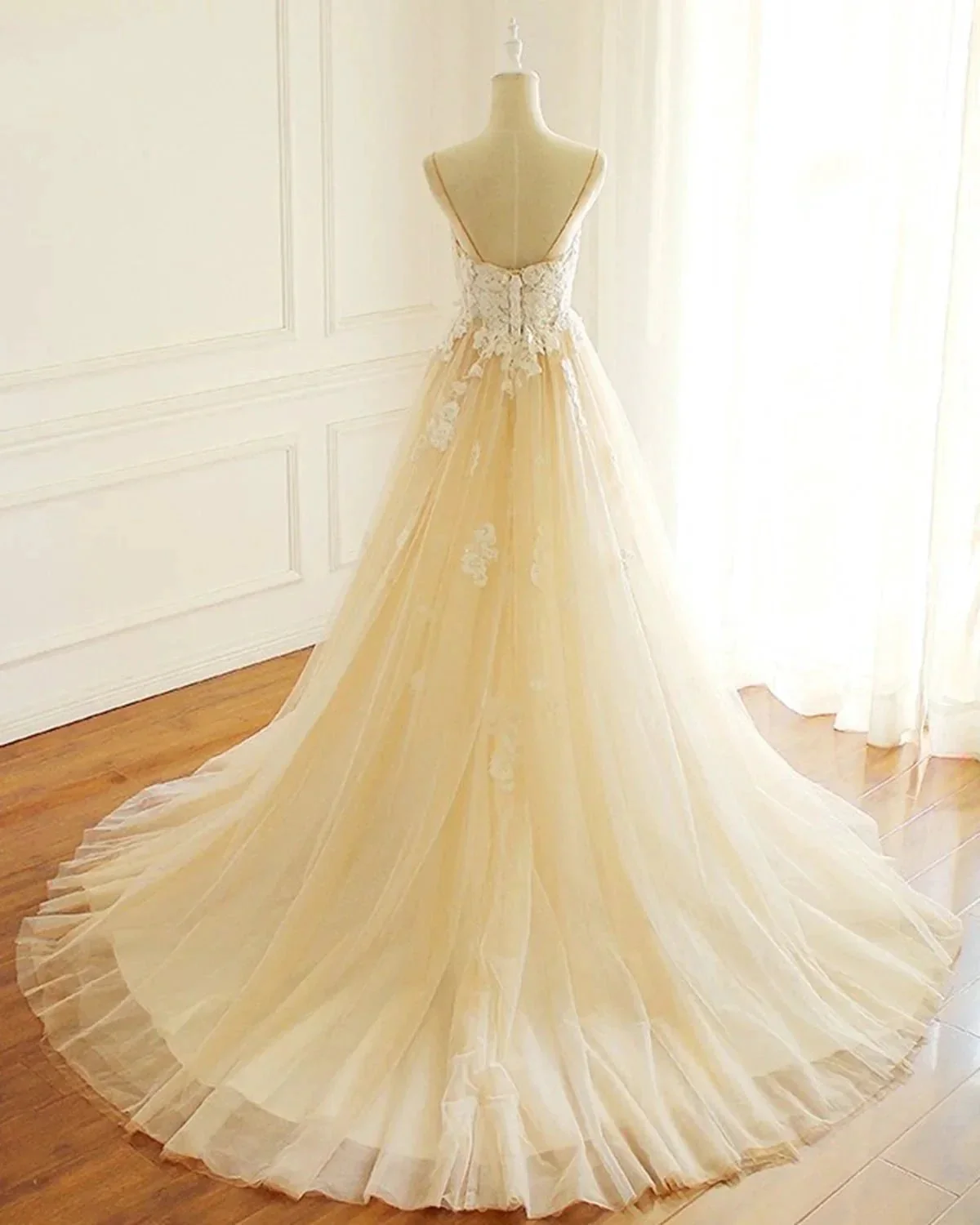 Champagne Long A-line Sweetheart Tulle Spaghetti Sweep Train Wedding Dress - Image 2