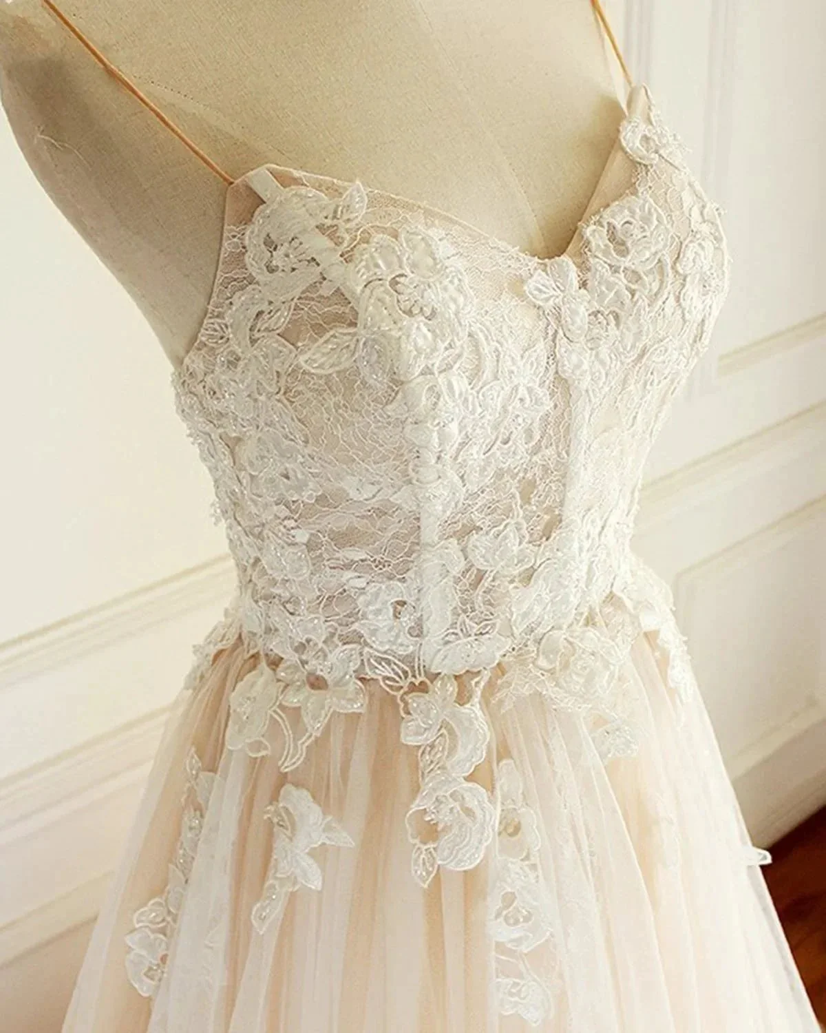 Champagne Long A-line Sweetheart Tulle Spaghetti Sweep Train Wedding Dress - Image 3