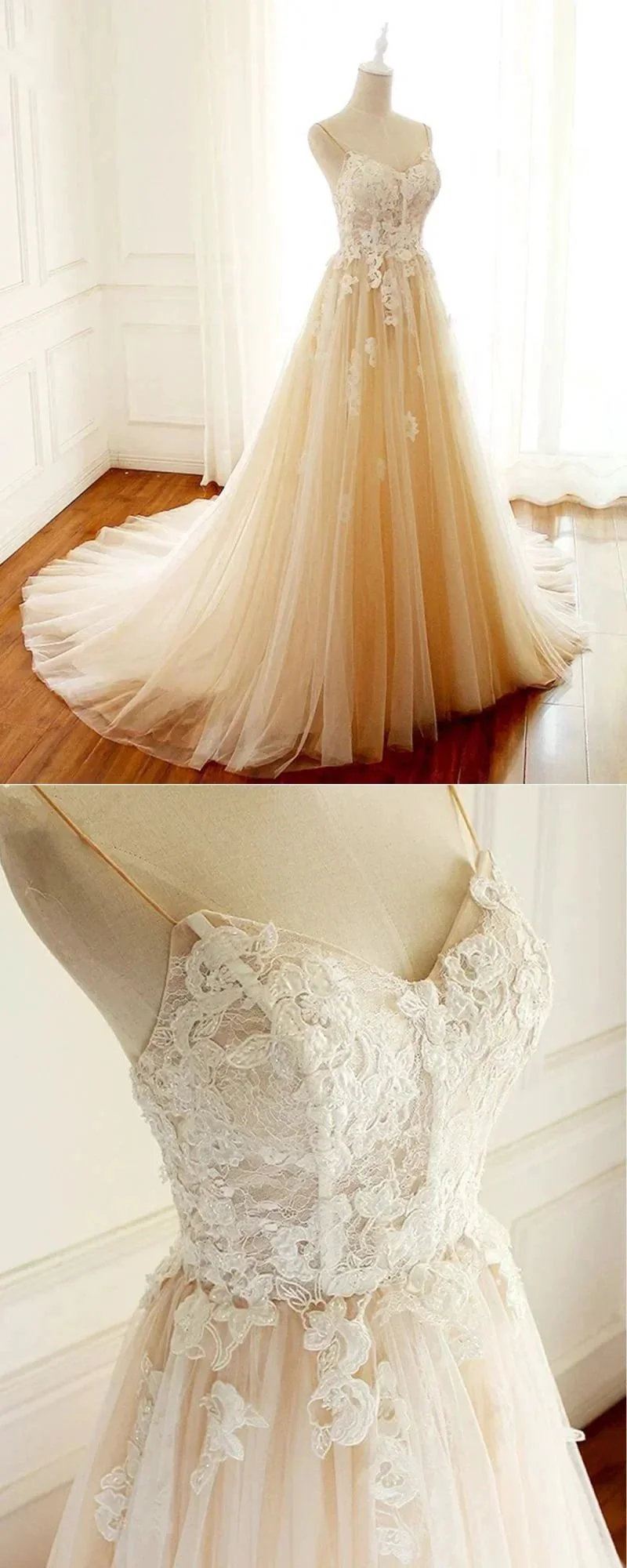 Champagne Long A-line Sweetheart Tulle Spaghetti Sweep Train Wedding Dress - Image 4
