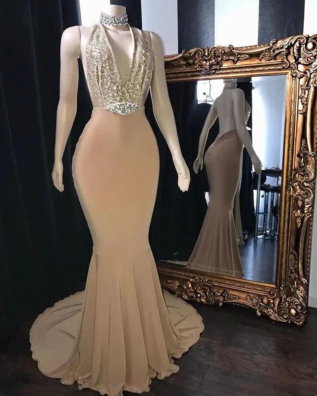Champagne Long Halter Mermaid Prom Dresses Sexy V-Neck Backless Evening Gowns - Image 2