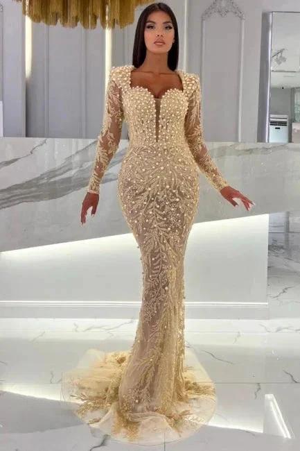Champagne Mermaid Long Sleeves Sweetheart Prom Dress with Tulle Overskirt - Image 2